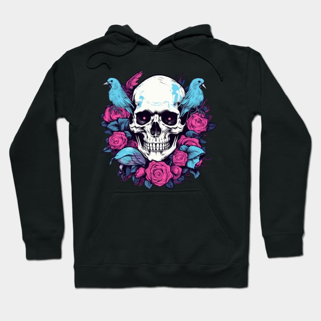 Floral Flowers Skull and Birds Hoodie by TOKEBI